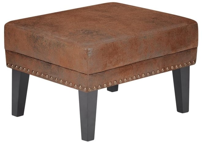 Vintage Upholstered Ottoman with Nailhead Trim, Distressed Brown Footstool with Solid Wood Legs-