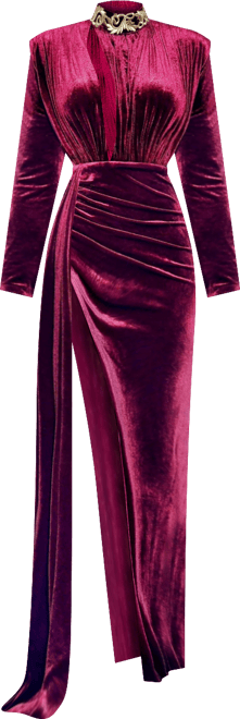 Women Zenaida Burgundy Cutout High Slit Velvet Gown