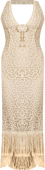 Women Faelyn Off-White Double Fringe Crochet Halter Maxi Dress