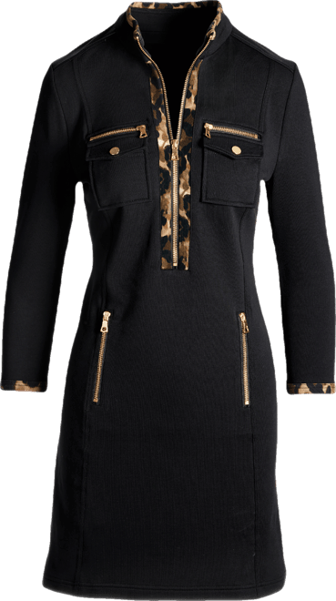 Chic Zip Printed Long Sleeve Dress Cheetah Spots