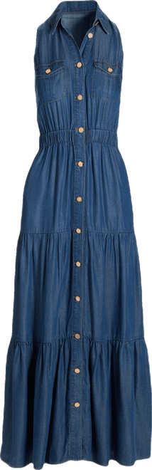 Luxe Chambray Button Up Tiered Maxi Dress - Deep Blue | Boston Proper