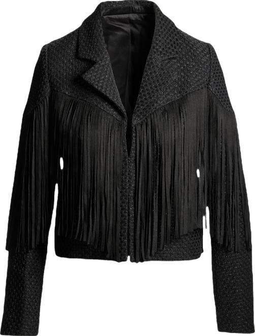 Fringe Detail Collared Shimmer Tweed Jacket - Black | Boston Proper