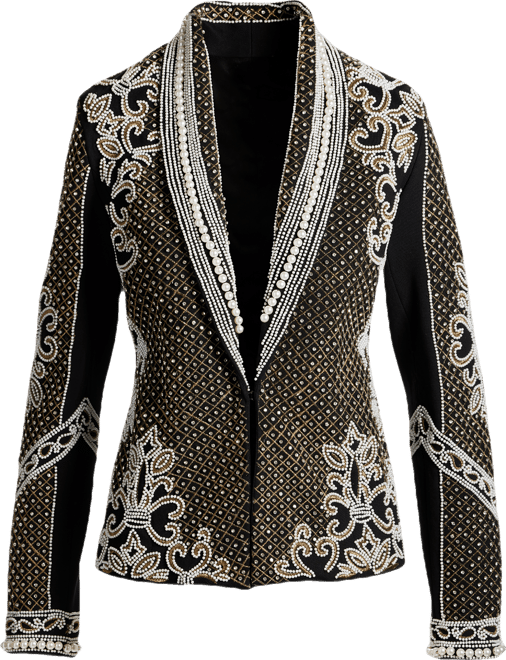 Over The Top Pearl and Rhinestone Embellished Shawl Collar Ponte