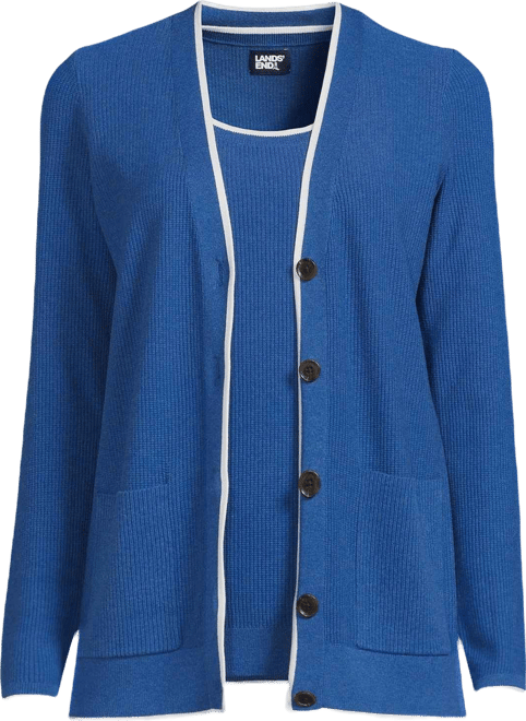 Lands' End Women's Fine Gauge Cotton Cardigan and Tank Sweater Set