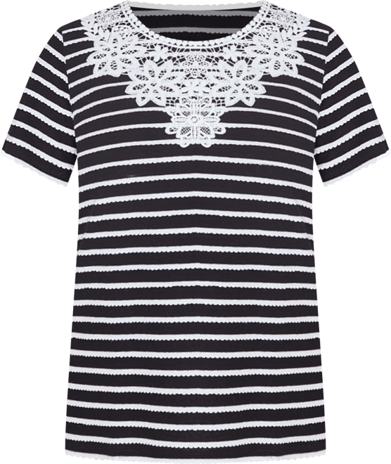 Women's Classic Neutrals Lace Neck Striped Split Hem T-shirt