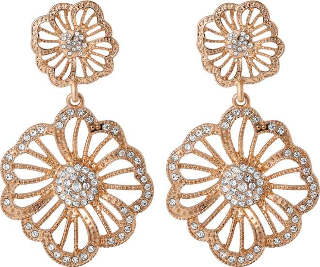 Gold-Tone Floral Drop Earrings with Pave Crystal Accents