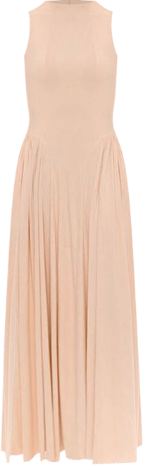 Womens Nude Sleeveless Mock Neck Dress with a Pleated Maxi Skirt