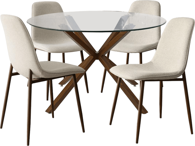 5-Piece Round Glass Dining Table Set for 4, Modern Table with Upholstered Fabric Chairs and Walnut Metal Legs-