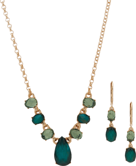 Gold-Tone Stone Drop Earrings & Frontal Necklace, 16" + 3" extender