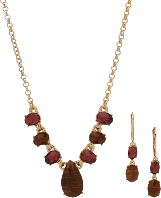 Gold-Tone Stone Drop Earrings & Frontal Necklace, 16" + 3" extender