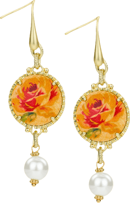Beaded Floral Gold-Tone Round Drop Earrings