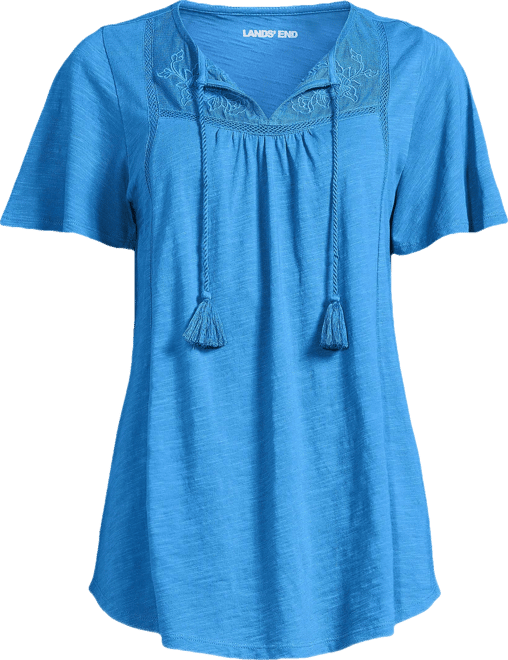 Women's Slub Flutter Sleeve Lace Trim Notch Neck Tunic Top