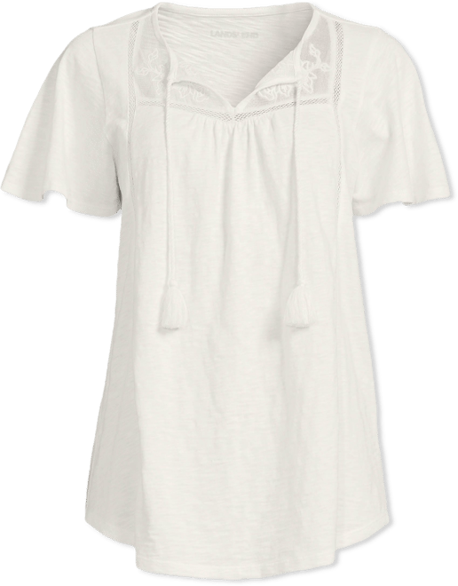 Women's Slub Flutter Sleeve Lace Trim Notch Neck Tunic Top