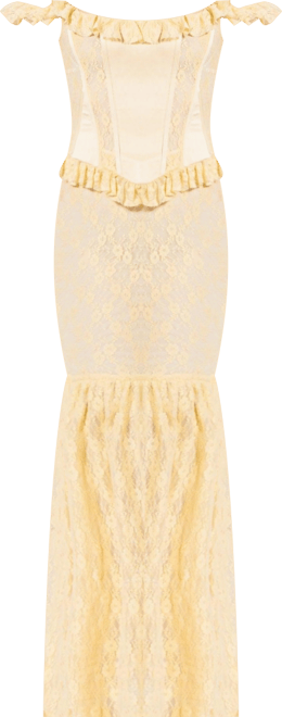 Women's Ersilia Pale Yellow Satin Lace Peplum Corset Off Shoulder Maxi Dress