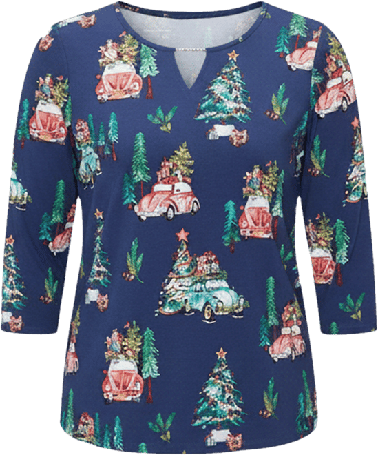 Women's Classic Christmas Tree Print Beaded Top