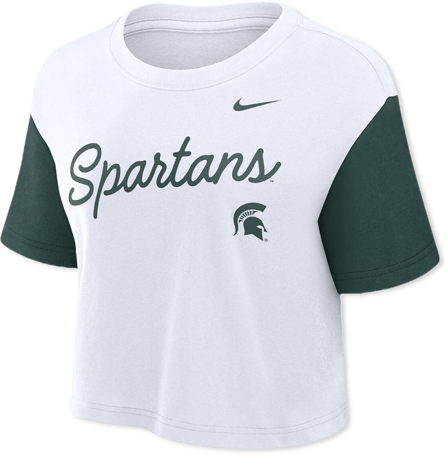 Women's White/Green Michigan State Spartans Color Block Script Performance Cropped T-Shirt