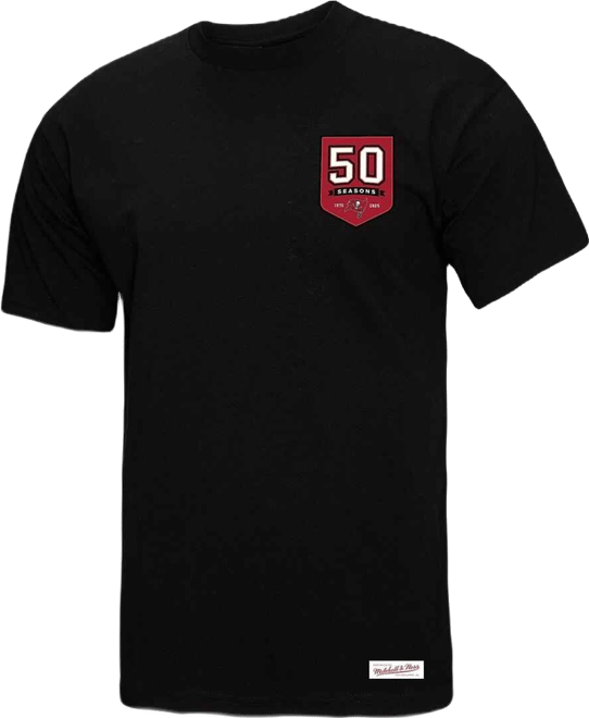 Women's Black Tampa Bay Buccaneers 50th Anniversary Shield Oversized Boyfriend T-Shirt