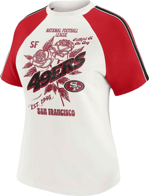 Women's White San Francisco 49ers Sleeve Stripe Distressed Raglan T-Shirt