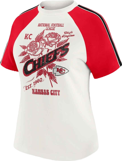 Women's White Kansas City Chiefs Sleeve Stripe Distressed Raglan T-Shirt