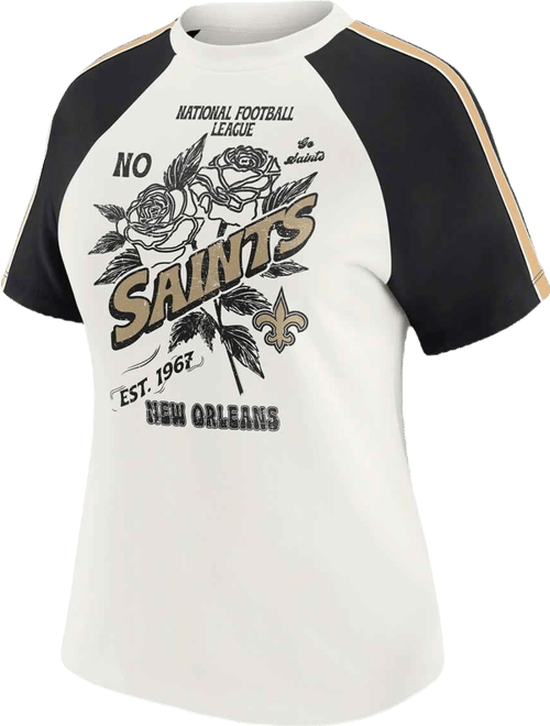 Women's White New Orleans Saints Sleeve Stripe Distressed Raglan T-Shirt
