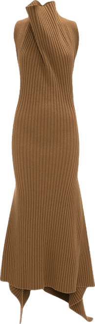 Draped Sleeveless Rib Midi Dress In Dark Camel