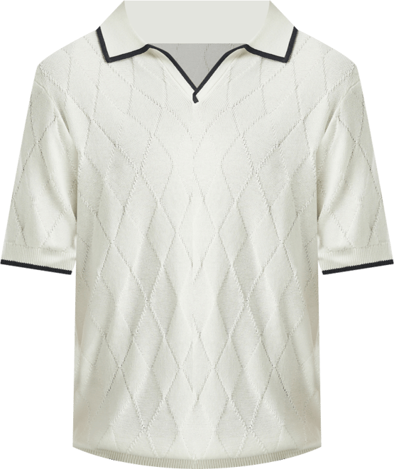 Men's Short Sleeve Textured Argyle Polo Sweater