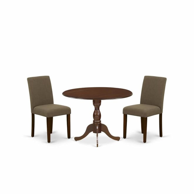 3 Piece Dinning Room Table Set Contains 1 Drop Leaves Wood Dining Table and 2 Coffee Linen Fabric Parson Chairs with High Back