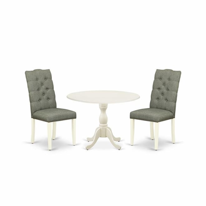 3 Piece Dining Room Set Consists of 1 Drop Leaves Dining Table and 2 Smoke Linen Fabric Parson Dining Chairs Button Tufted Back wi
