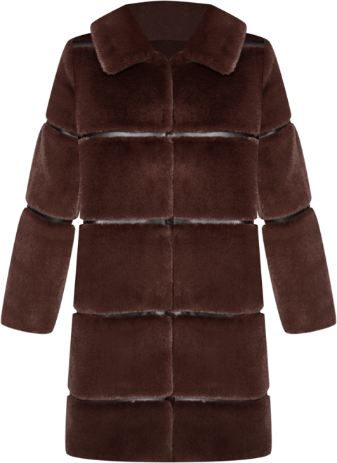 Womens Faux-Leather Trim Faux-Fur Coat