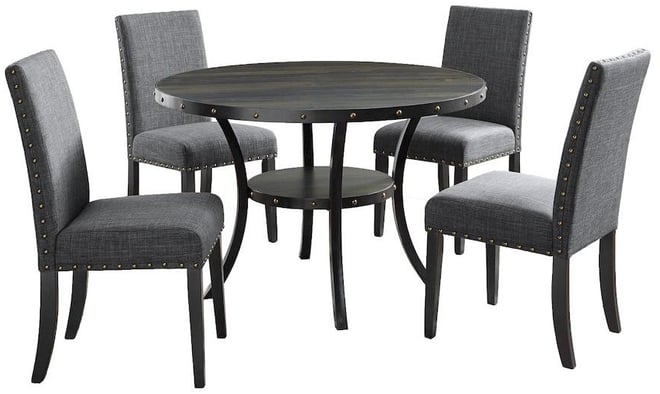 Biony Espresso Wood Dining Set with Gray Fabric Nailhead Chairs, 5-Pc
