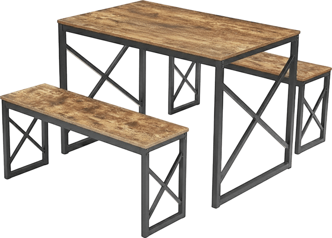 Wood-Top Kitchen Dining Table with 2 Backless Benches, Industrial Style