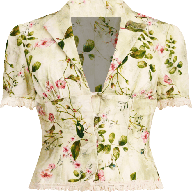 Women Zanella Green Floral Print Lace Trim Linen Top