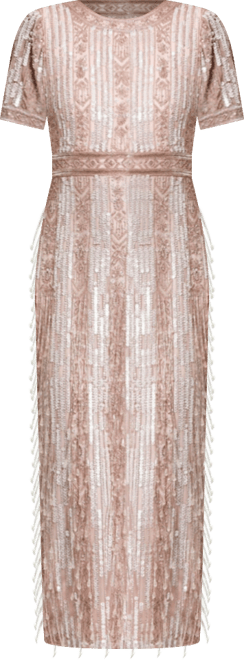 Women's High Neck Short Sleeve Crystal Fringe Column Dress