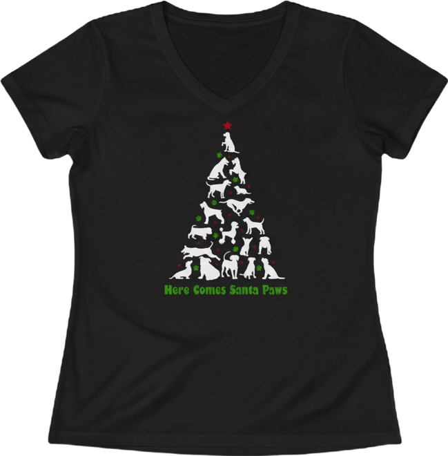 Plus Size Here Comes Santa Paws Word Art V-Neck T-Shirt