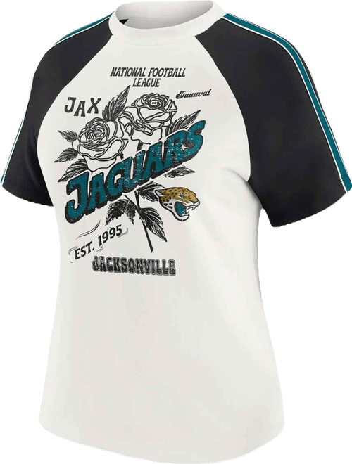 Women's White Jacksonville Jaguars Sleeve Stripe Distressed Raglan T-Shirt
