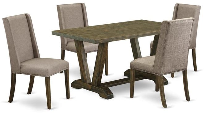 5-Pc Mid Century Dining Table Set Included 4 Dining room chairs Upholstered Nails Head Seat and Stylish Chair Back and rectangular