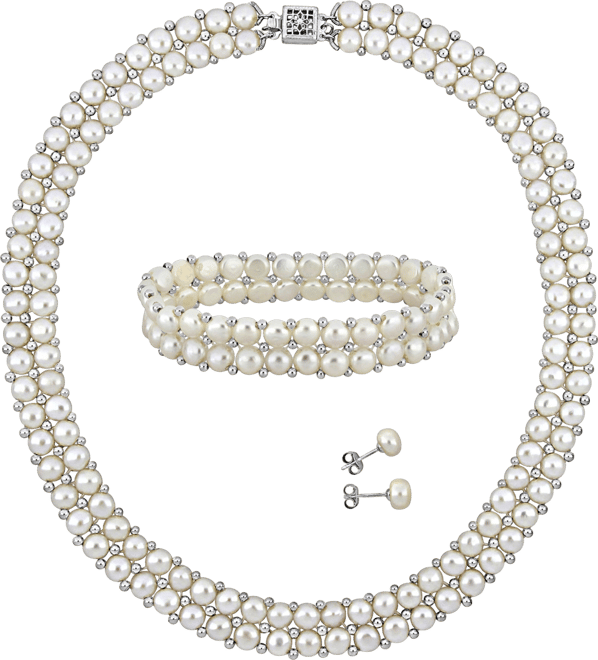 3-Pc. Set Pink Cultured Freshwater Pearl (6-8mm) Beaded Double-Row Strand Necklace, Stretch Bracelet & Stud Earrings in Sterling Silver