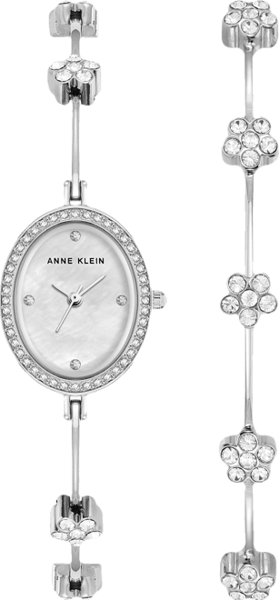 Women's Quartz Delicate Crystal Flower Silver-Tone Stainless Steel Bracelet Watch Set, 19mm