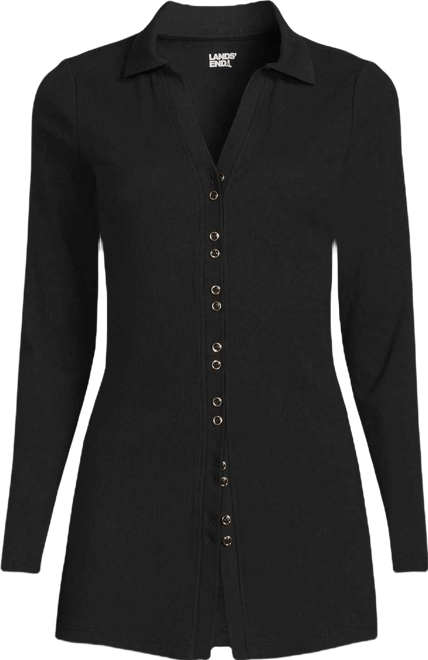 Women's Long Sleeve Polished Rib Button Through Tunic Shirt