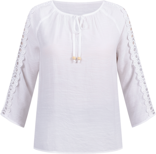 Petite 3/4 Sleeve Crochet Detail Top