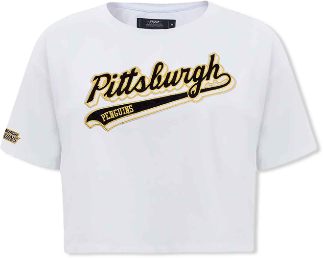 Women's White Pittsburgh Penguins Boxy Script Tail Cropped T-Shirt