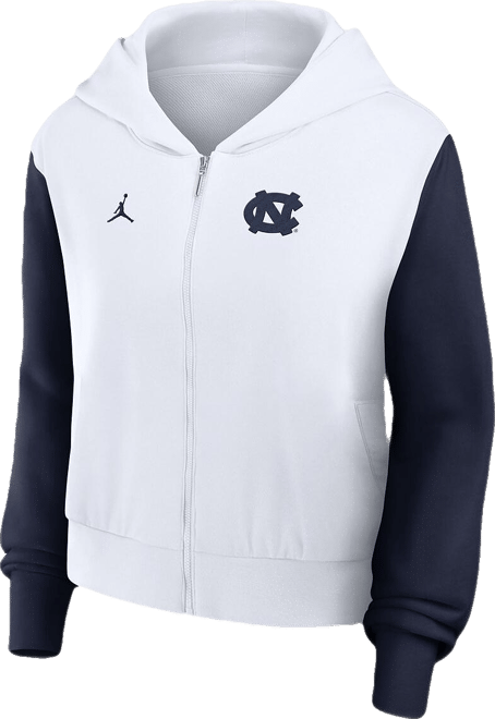 Women's White North Carolina Tar Heels Cropped Athletic Prep Color Block Script Full-Zip Hoodie