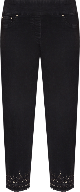 Petite Pull On Embroidered Hem Black Ankle Jeans