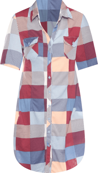 Women's Short Sleeve Plaid Button-Down Shirt Dress