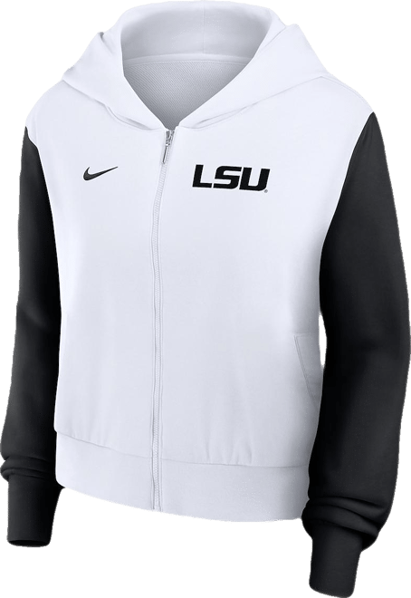 Women's White Lsu Tigers Cropped Beyond Capability Color Block Script Full-Zip Hoodie