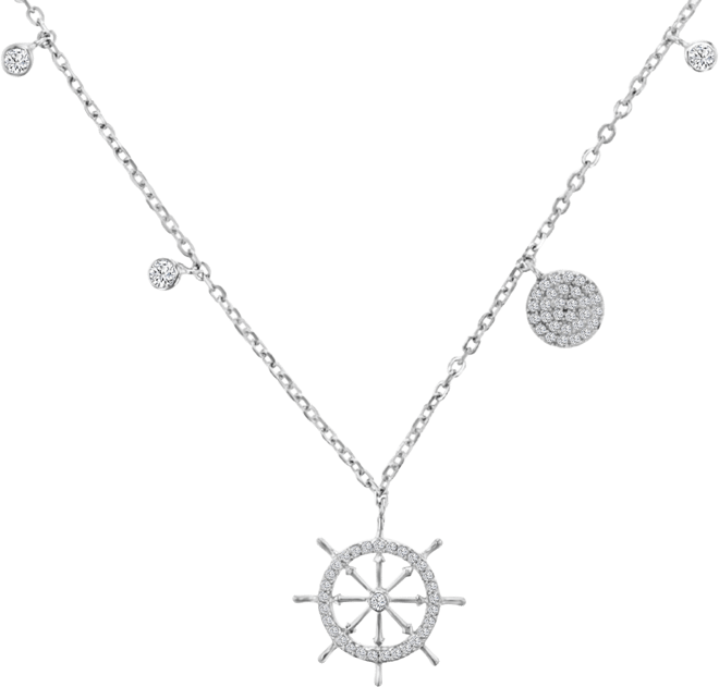 Cubic Zirconia Ship Wheel 18" Pendant Necklace in Sterling Silver