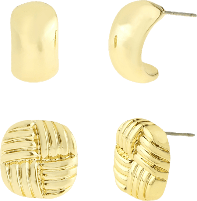Gold Vintage Ribbed Stud Huggie Duo Earring Set