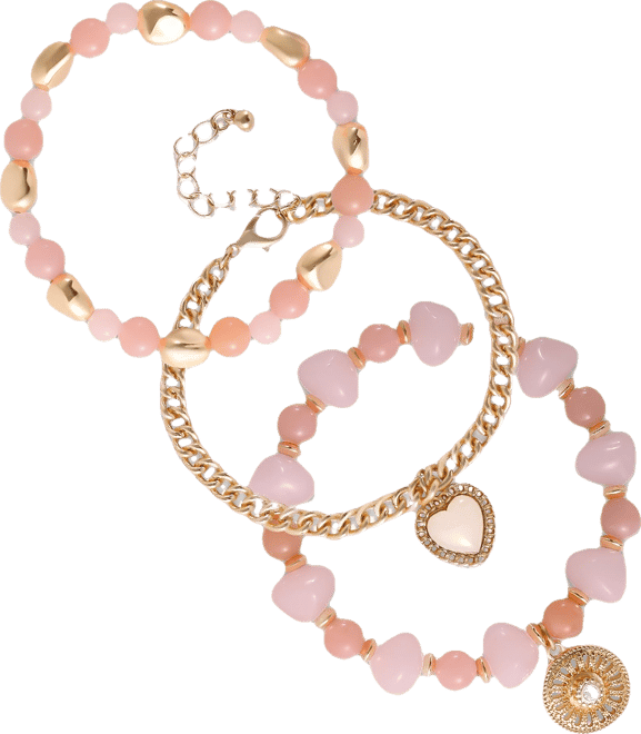 Set of 3 Pink and Gold-Tone Beaded Stretch Bracelets