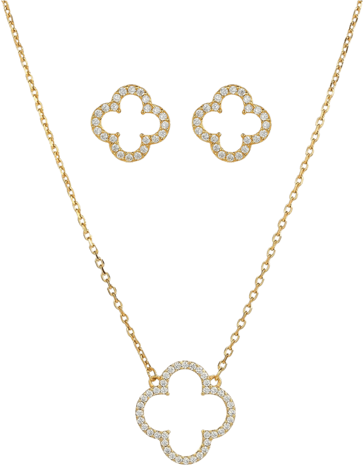 Sterling Silver 18k Gold Plated Aria Clover Necklace & Stud Earrings Set