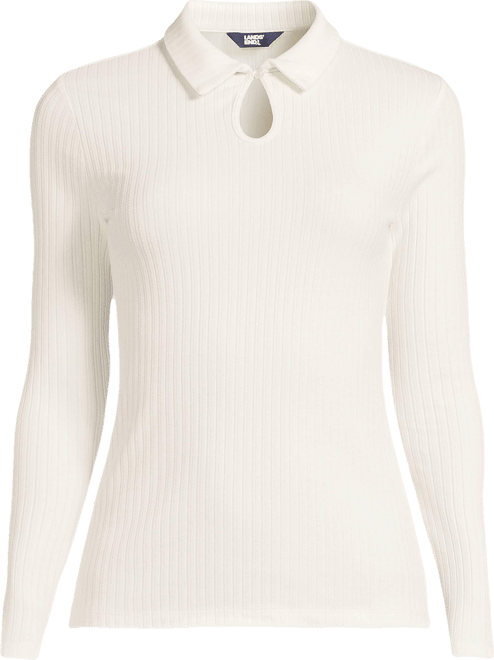 Plus Size Long Sleeve Pointelle Rib Keyhole Polo Top